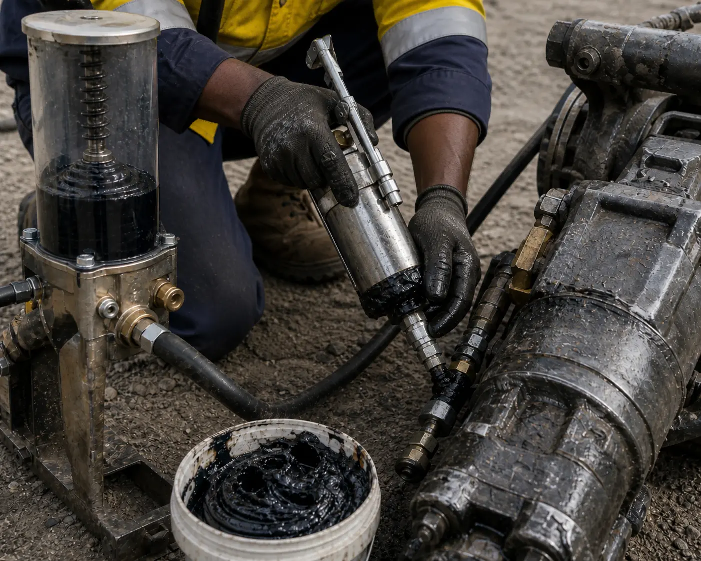 Technician applying black rock drill grease with an air-line lubricator beside pneumatic drilling equipment.