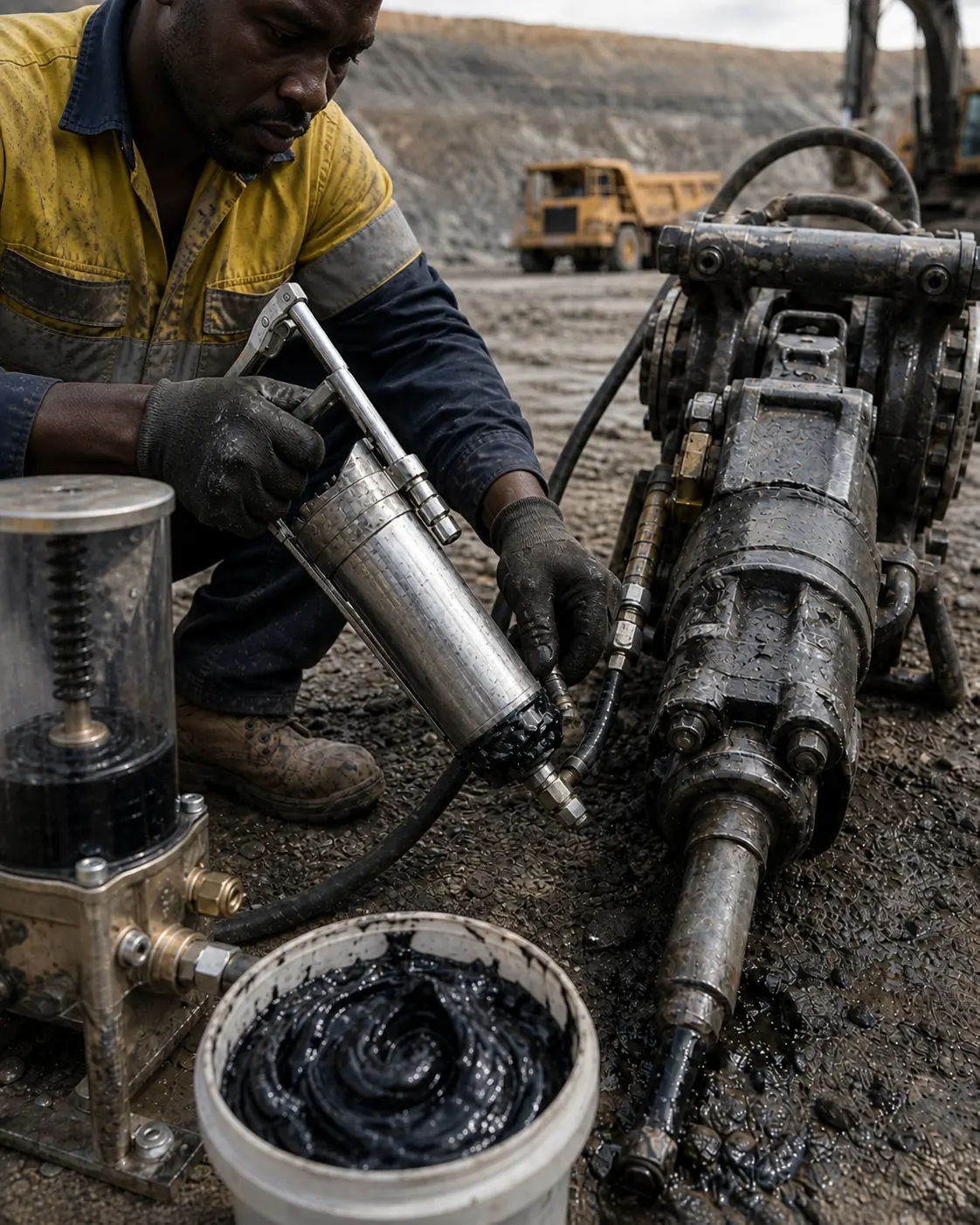 Close-up of black semi-fluid grease being applied to pneumatic rock drill equipment.