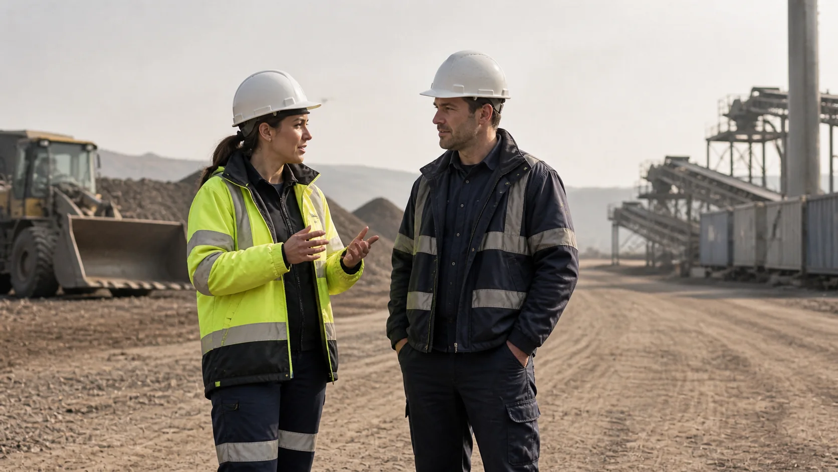 Industrial site consultation between field professionals discussing operational requirements.